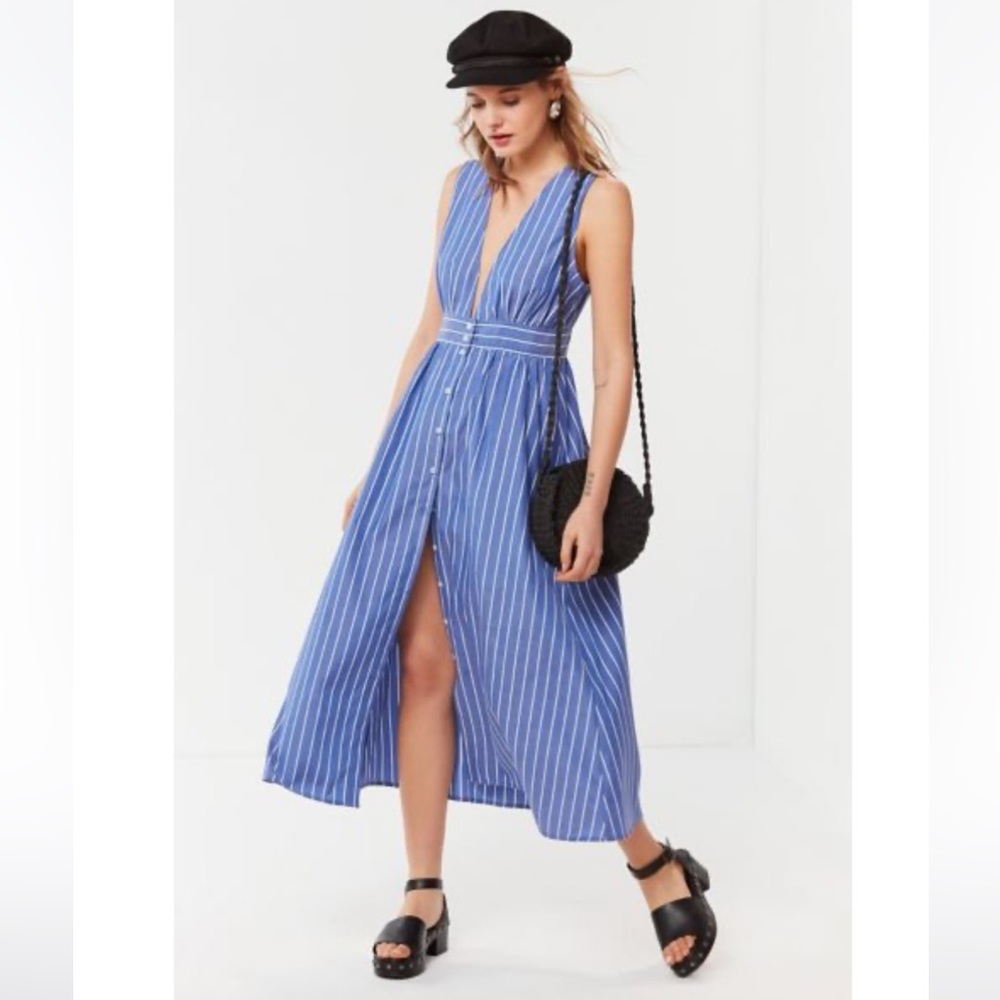 UO Striped Button-Down Plunging Midi Dress